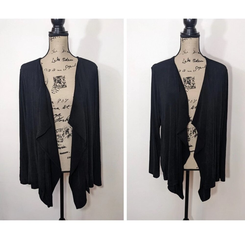 2x Chicos Travelers 3 Black Open Front Liquid Knit Draped Waterfall Cardigan XL